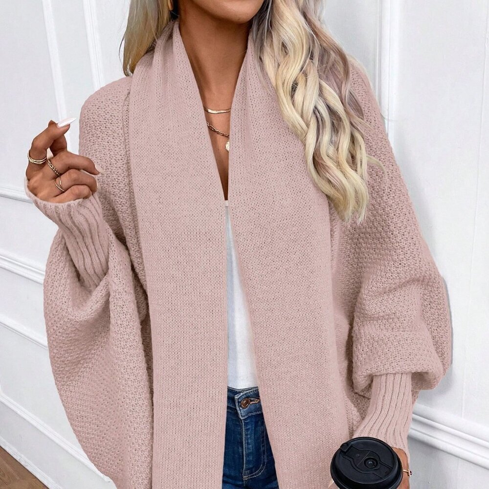 Pink Casual Women's Solid Color Batwing Sleeve Long Sleeve Cardigan - Picture 4 of 6